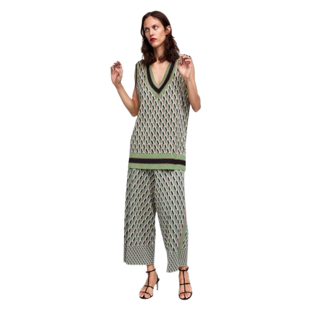 Zara Black and Green Retro Patterned Vest / Wide Leg Pant Set